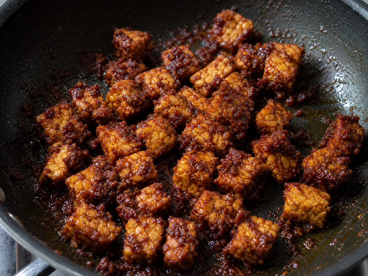 Cocinando el sambal y glaseando el tempeh durante la preparación