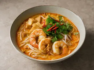 Bowl of Malaysian prawn laksa with rice noodles, tofu puffs, bean sprouts, herbs, and lime