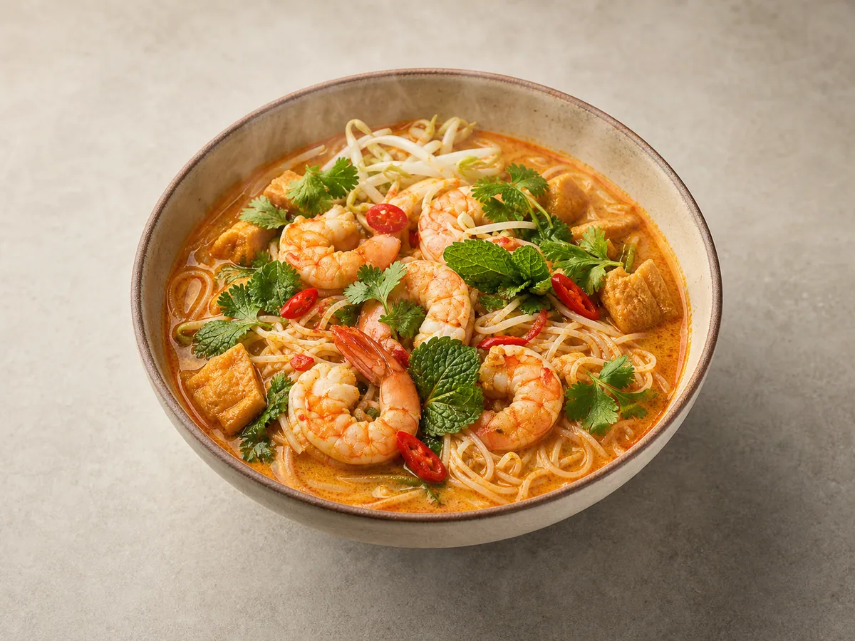 Tigela de laksa malaio de camarão com macarrão de arroz, tofu frito, brotos de feijão, ervas e limão