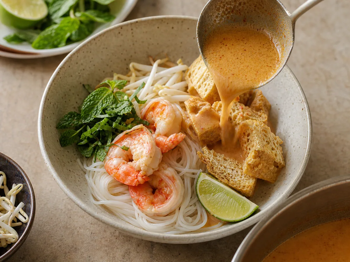 Camarões cozidos, macarrão, tofu frito, brotos e ervas sendo montados no laksa antes da finalização