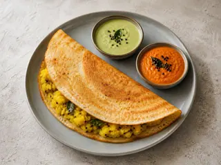 Crisp masala dosa folded around spiced potato filling