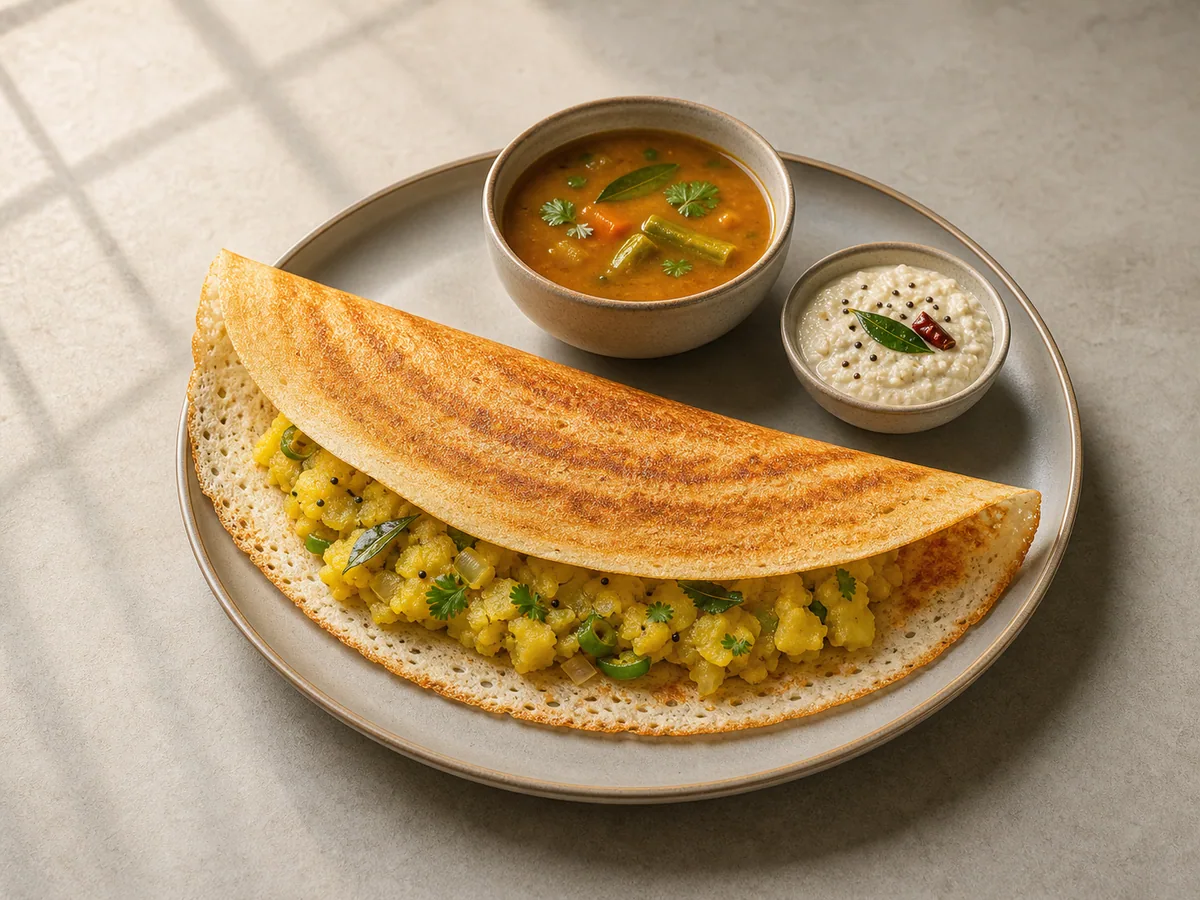 Dosa masala crujiente doblada alrededor de un relleno de papa especiado