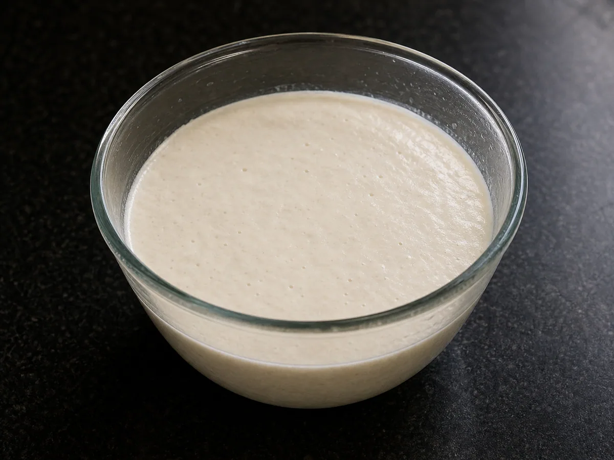 Massa de dosa fermentada, crescida e com bolhas finas em uma tigela espaçosa