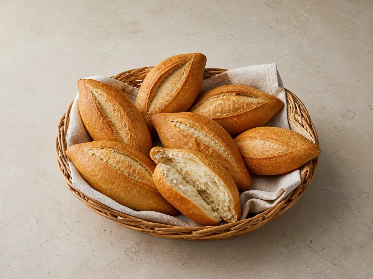 Basket of golden Mexican bolillos with crisp scored crusts