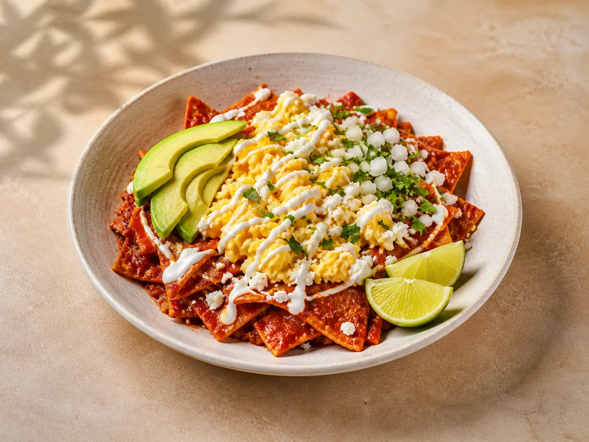 Red chilaquiles topped with scrambled eggs, queso fresco, crema, avocado, onion, and cilantro