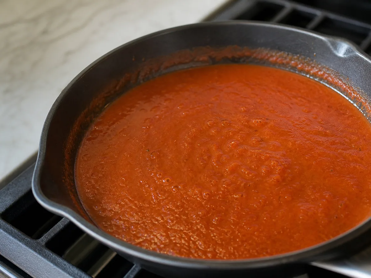Salsa de chilaquiles lisa, vermelho-tijolo, reduzida até cobrir as costas de uma colher em uma frigideira larga