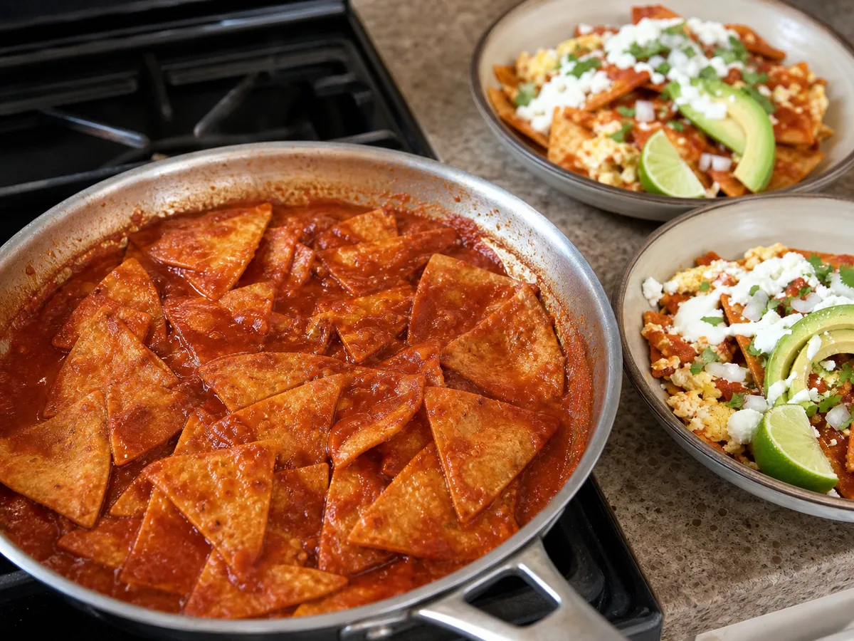 Crisp tortilla wedges being folded into simmering salsa with cooked egg mixture nearby