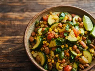 Tazón de calabacitas mexicanas con calabacita, maíz, frijoles pintos, tomate, poblano y cilantro