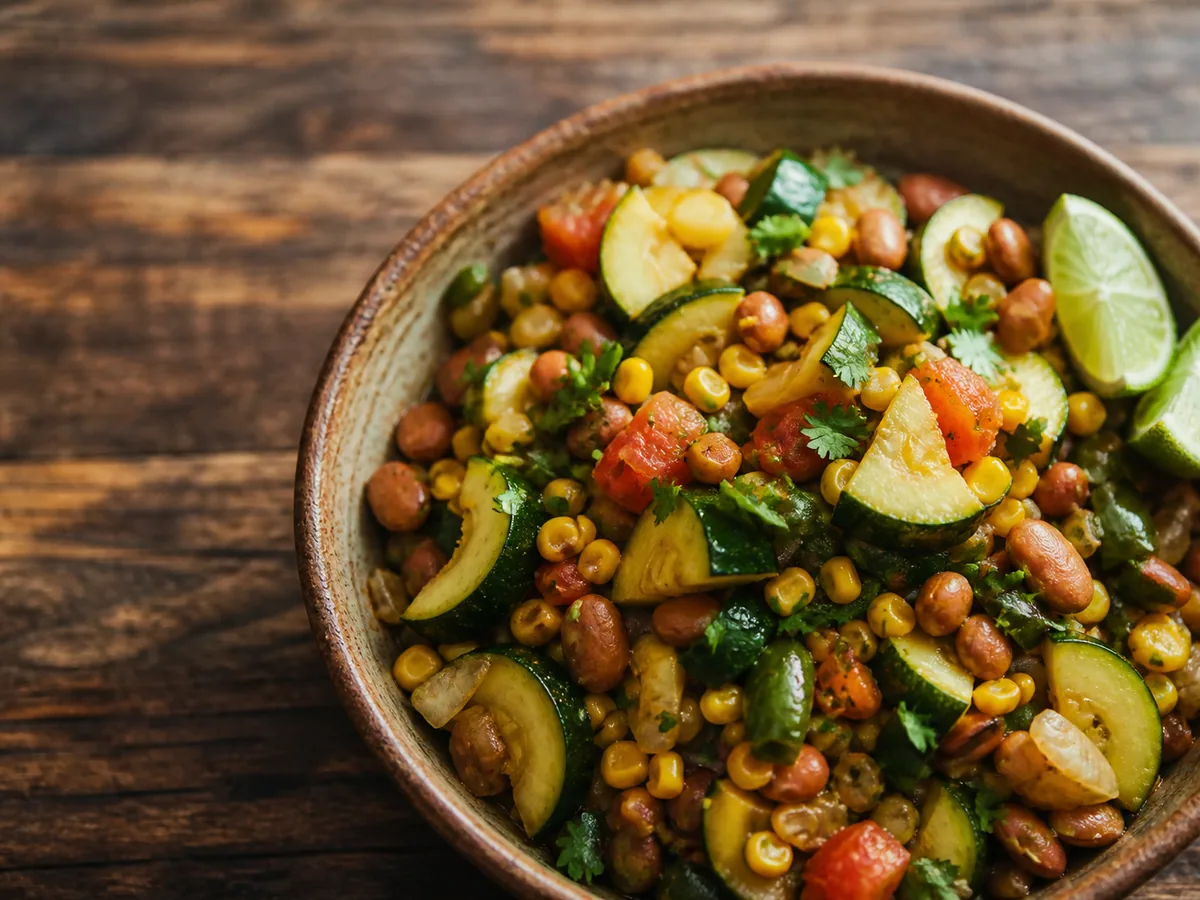 Bowl of Mexican calabacitas with zucchini, corn, pinto beans, tomato, poblano, and cilantro