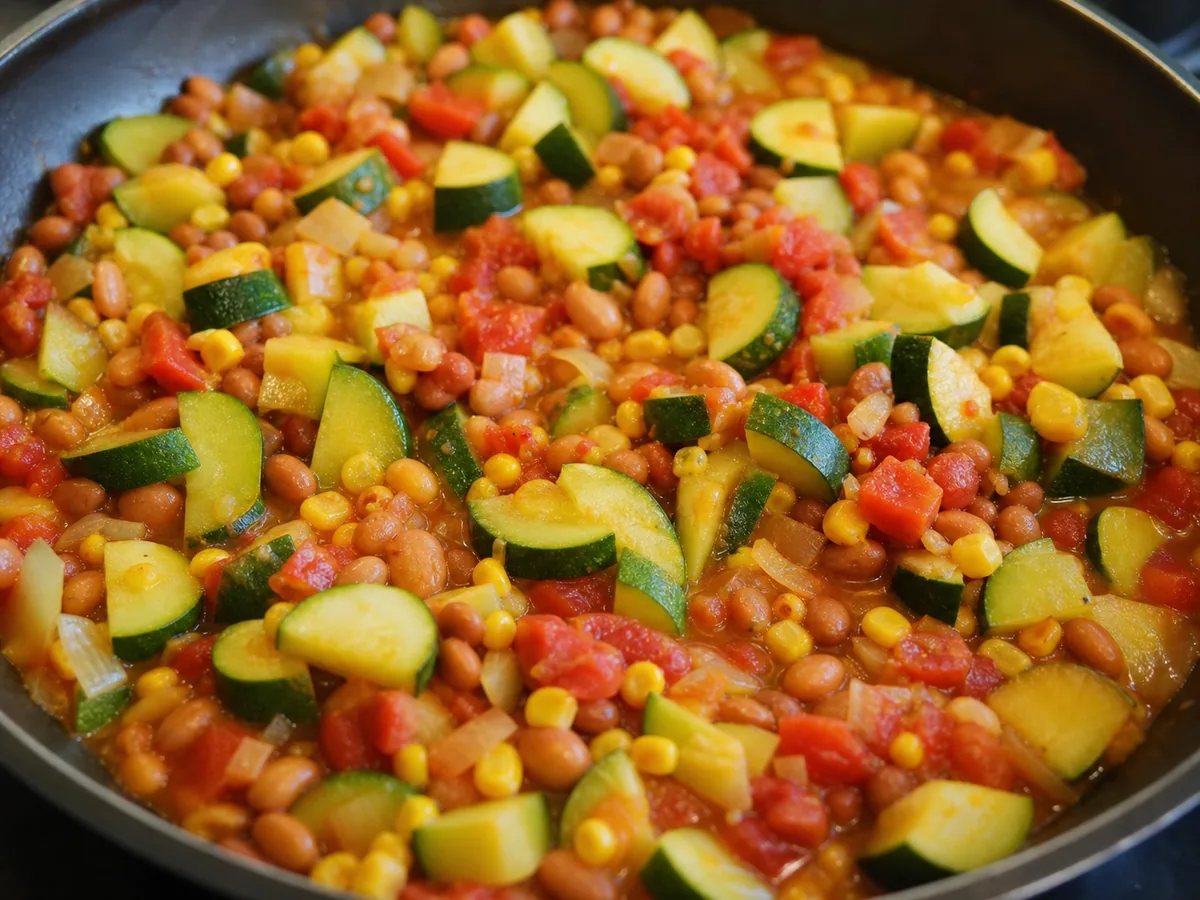 Calabacitas mexicanas fervendo levemente com milho, tomates e feijões-pintos inteiros, enquanto a abobrinha mantém o formato