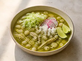 Tazón de pozole verde mexicano de pollo cubierto con col, rábanos, cebolla y lima