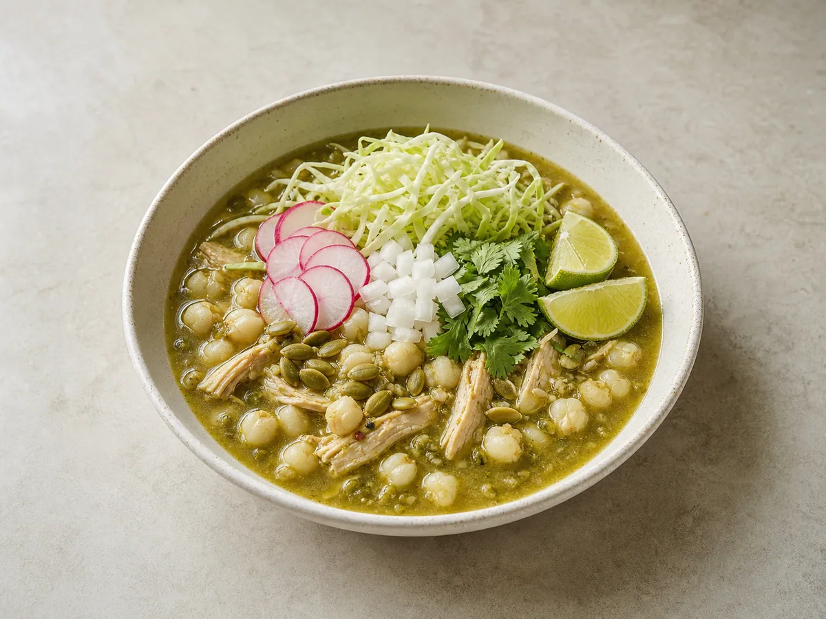 Bowl of Mexican chicken pozole verde topped with cabbage, radishes, onion, and lime