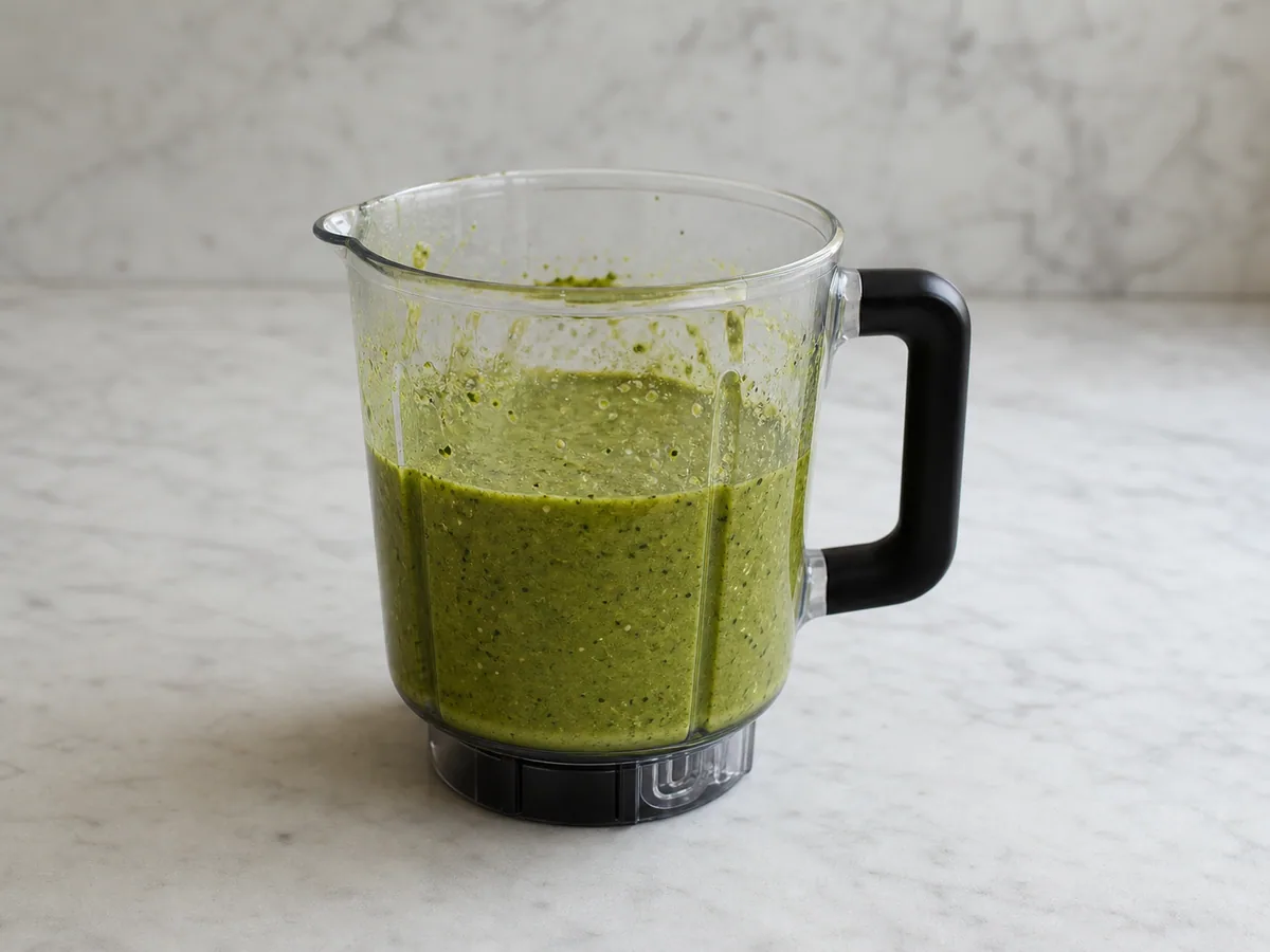 Molho homogêneo de tomatillo, pimentas, coentro e pepitas tostadas, batido para o pozole verde de frango