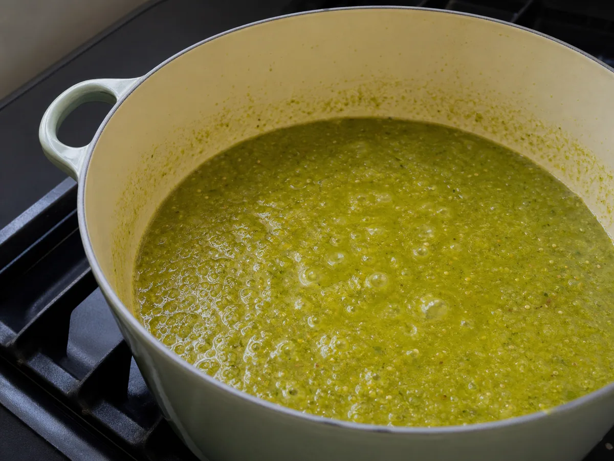 Molho espesso de tomatillo e pepitas, com um breve rastro na panela, para o pozole verde de frango