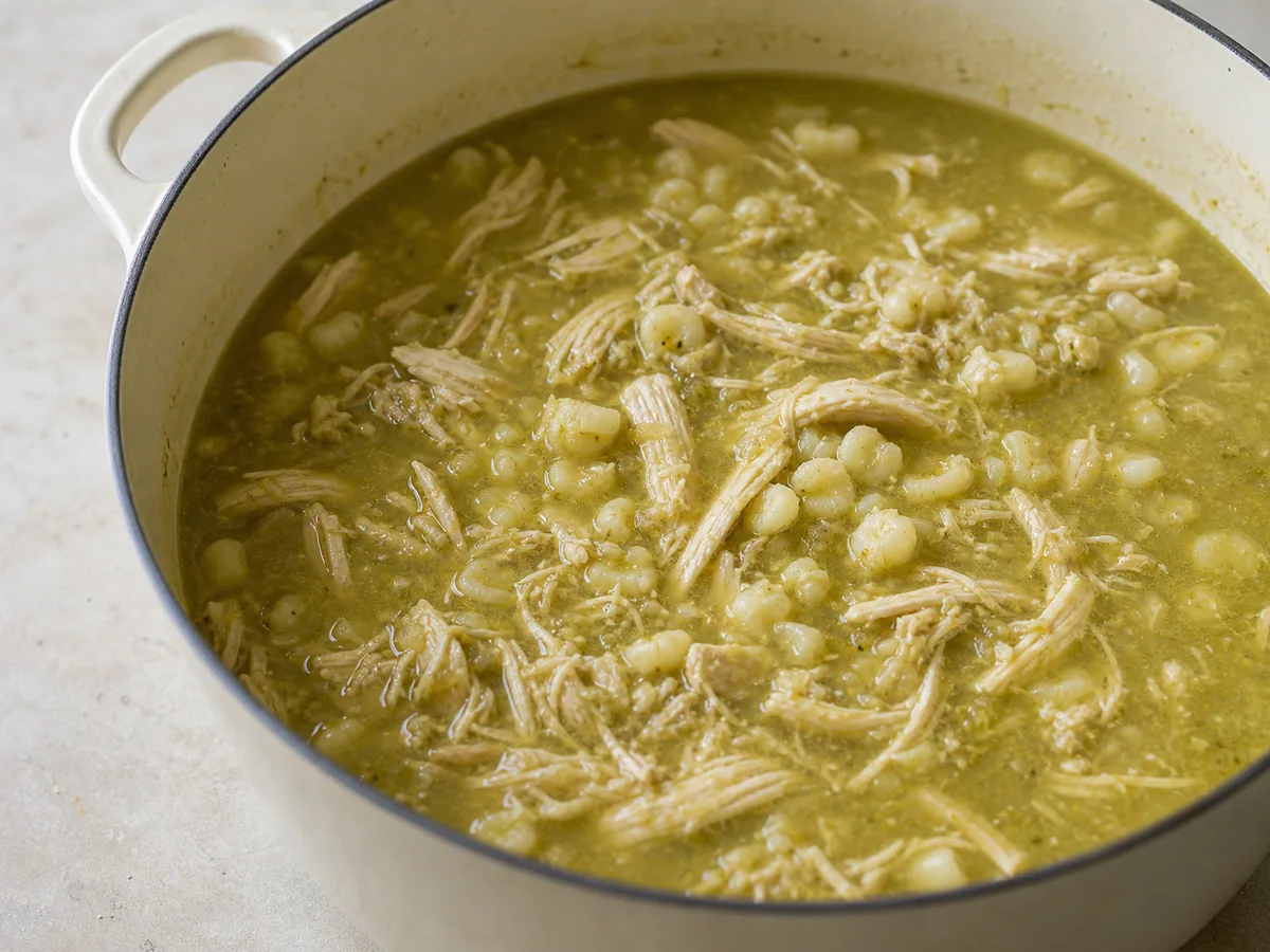 Frango desfiado totalmente cozido e canjica quente incorporados ao caldo verde do pozole