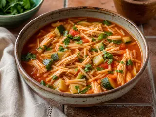 Tazón de sopa mexicana de fideo con pollo, fideos tostados, pollo deshebrado, calabacita y limón