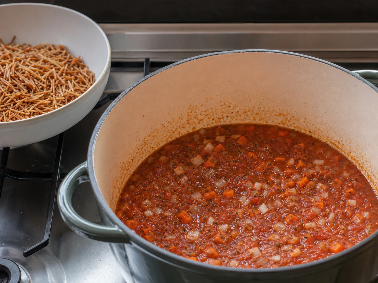 Base de tomate vermelho-tijolo escurecida, com cebola em cubinhos e pequenos pedaços de cenoura, em uma panela de sopa pesada