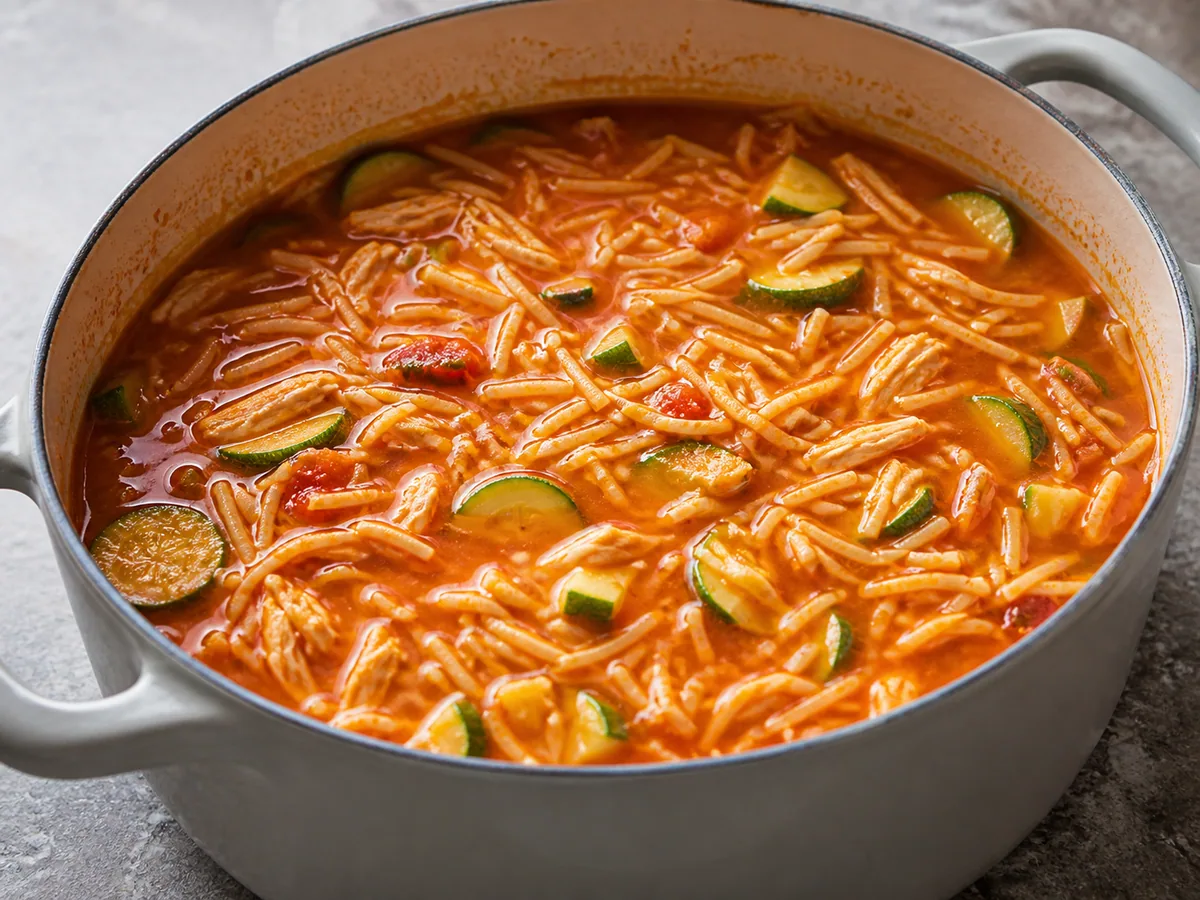 Sopa mexicana de fideo com frango na panela, com macarrão macio e solto, frango desfiado e abobrinha no ponto, antes do limão e das coberturas