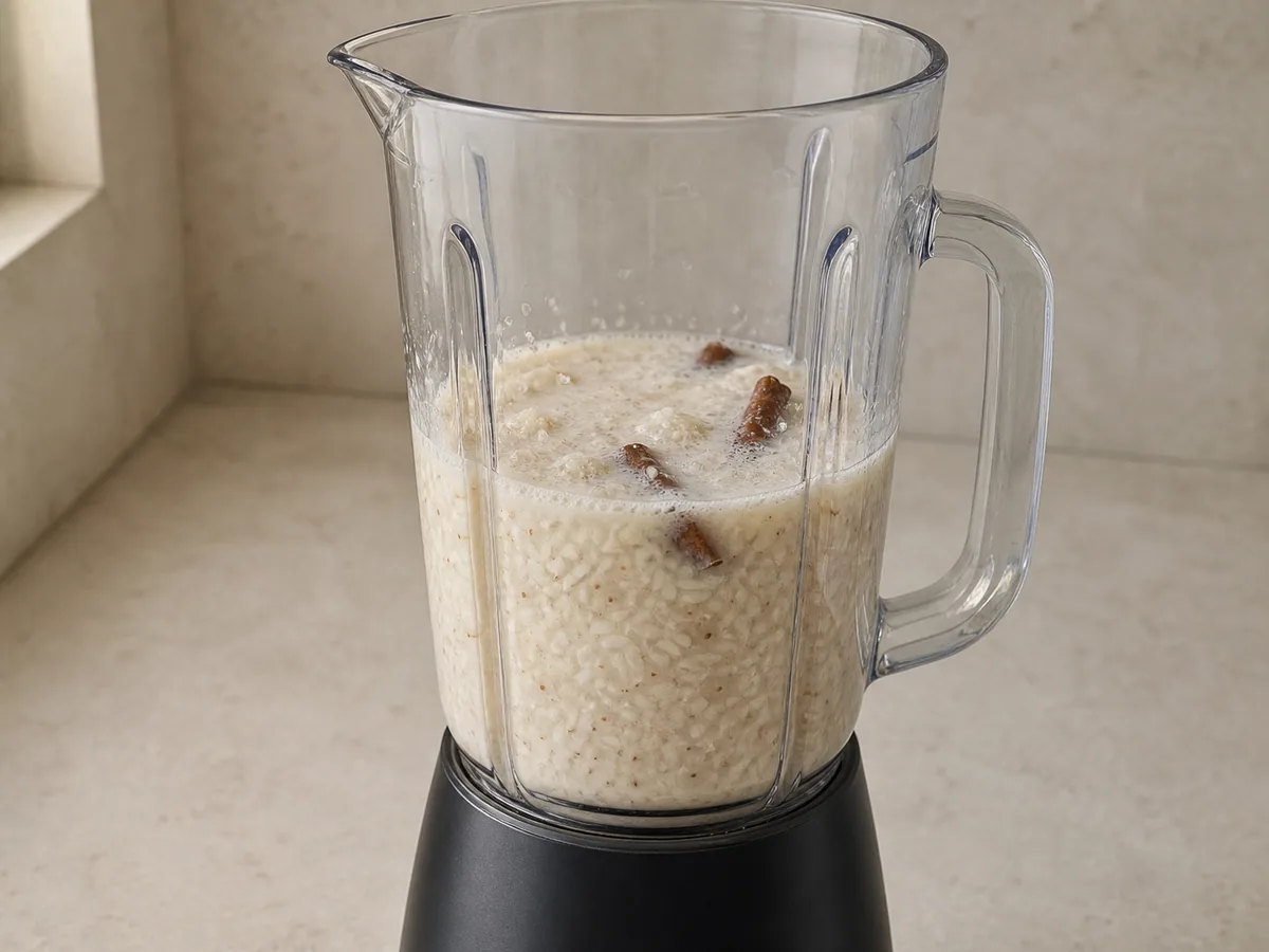 Mistura de arroz e canela da horchata mexicana bem triturada no liquidificador