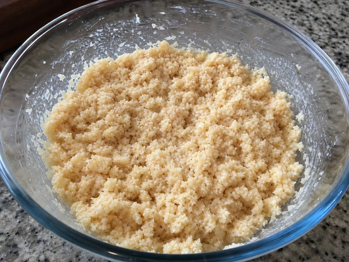 Evenly coated coconut mixture resting in a bowl before shaping