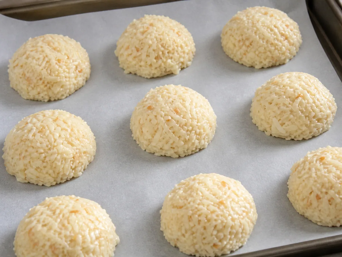 Pale coconut mixture shaped into compact domes on a parchment-lined baking sheet