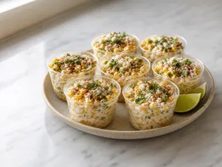 Vasitos de elote mexicano cubiertos con Cotija, cilantro y chile ancho
