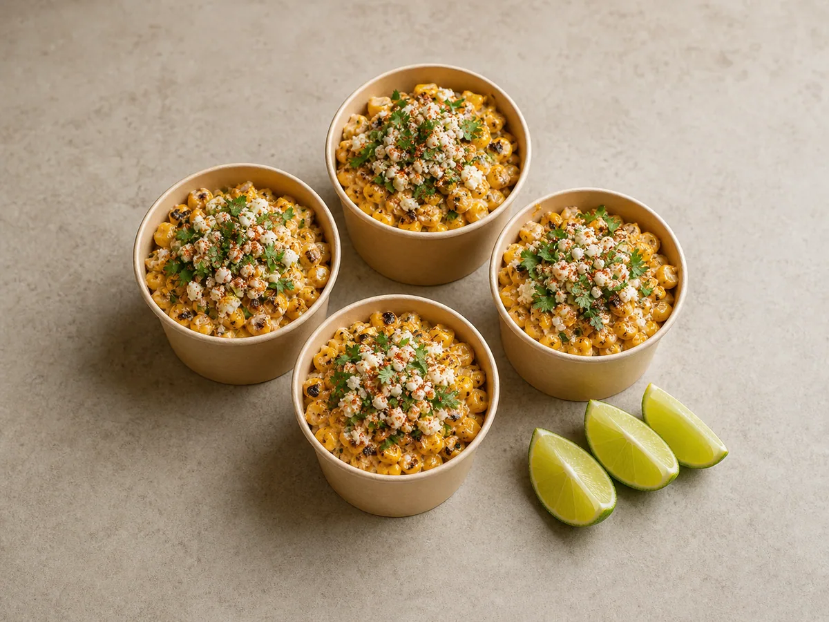 Mexican elote corn cups topped with Cotija, cilantro, and ancho chile