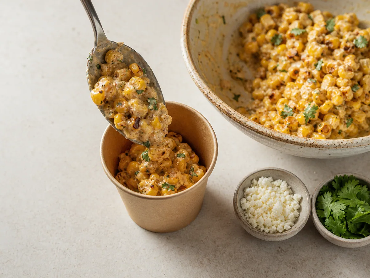 Creamy charred corn folded with Cotija and cilantro before filling small cups