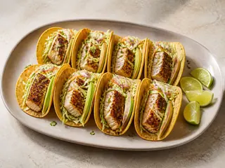 Tacos mexicanos de pescado con ensalada cremosa de repollo y aguacate