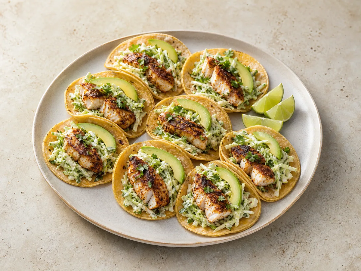 Tacos mexicanos de pescado con ensalada cremosa de repollo y aguacate