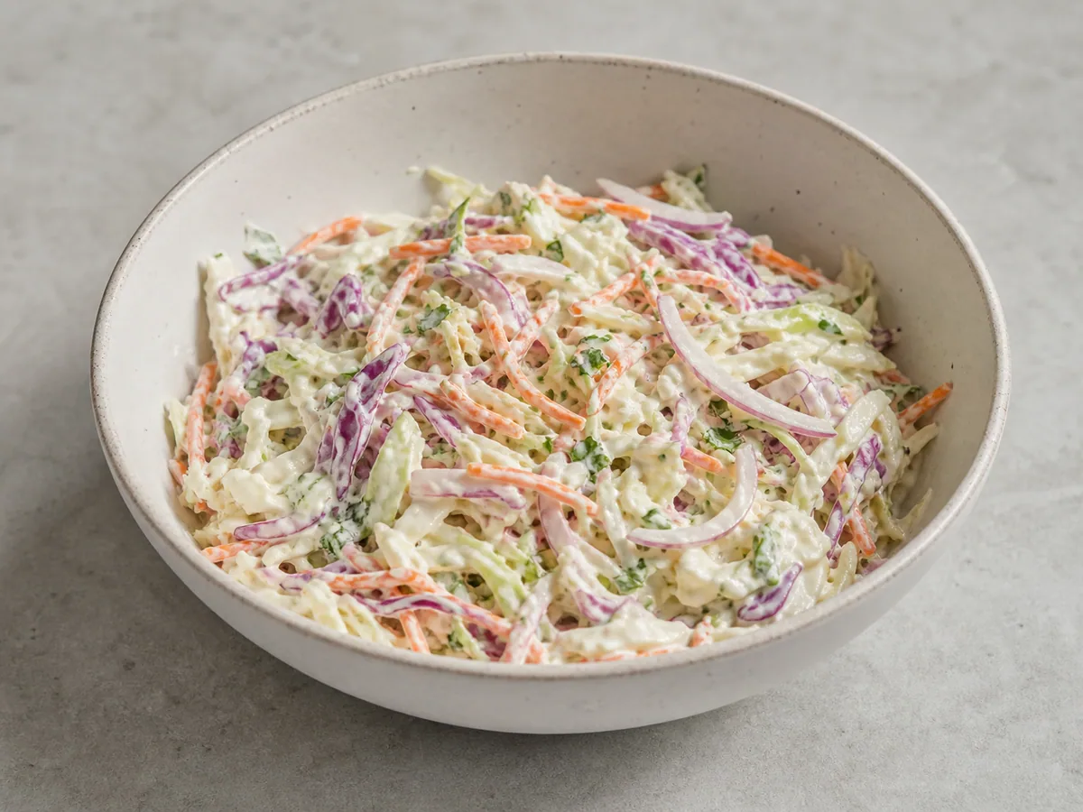 Ensalada cremosa de repollo y limón, bien cubierta, en un tazón