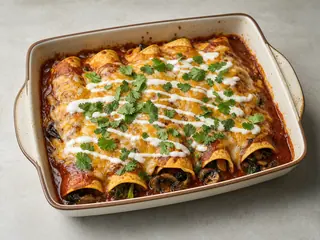 Enchiladas mexicanas de champiñones con salsa de chile rojo, queso Oaxaca, rábanos y cilantro