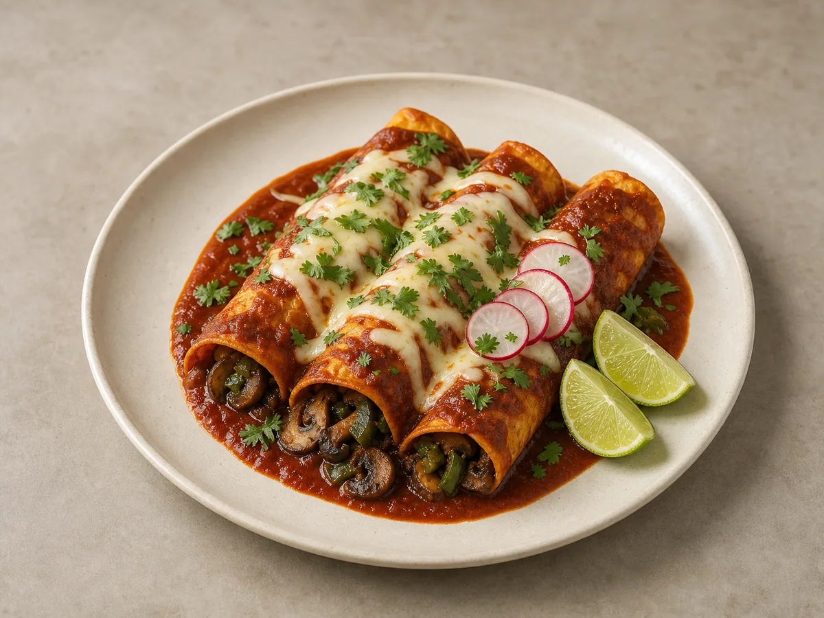 Enchiladas mexicanas de cogumelos com molho de pimenta vermelha, queijo Oaxaca, rabanetes e coentro