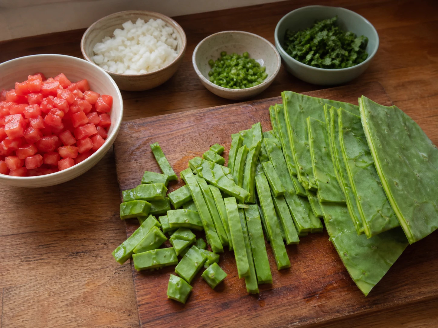 Nopales, tomate, cebola, serrano e coentro preparados e mantidos separados antes do cozimento