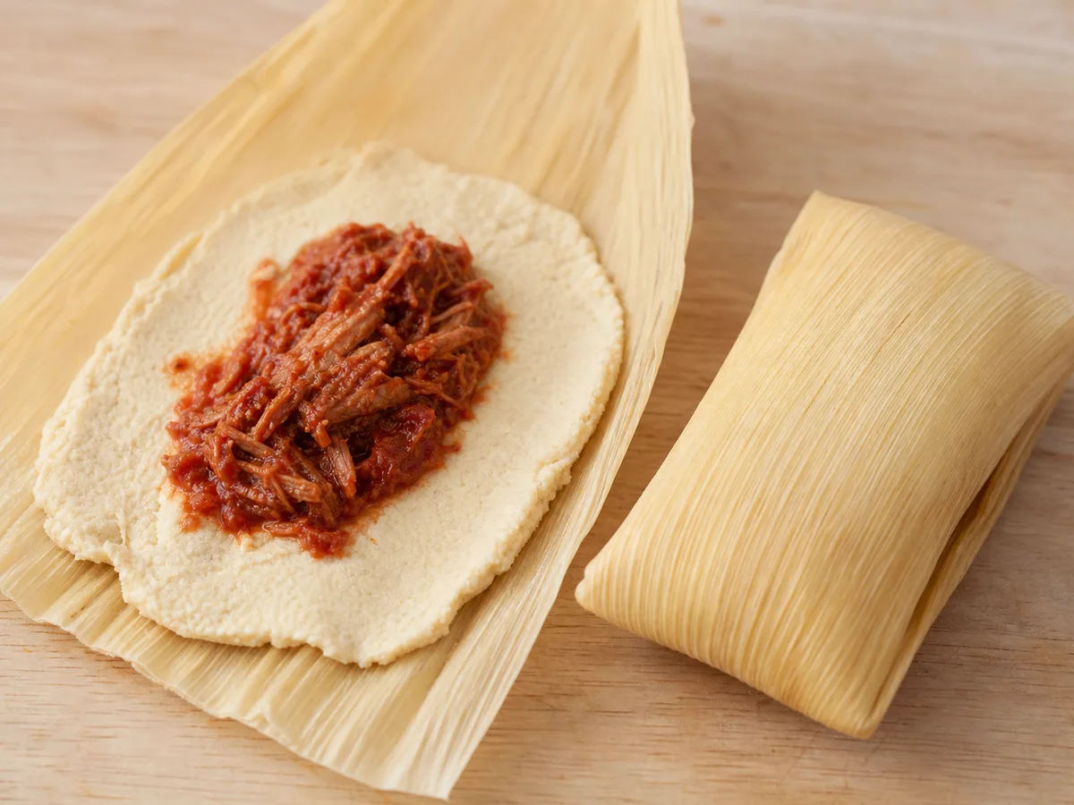 Open corn husk spread with masa and a line of cooked red chile pork filling before folding