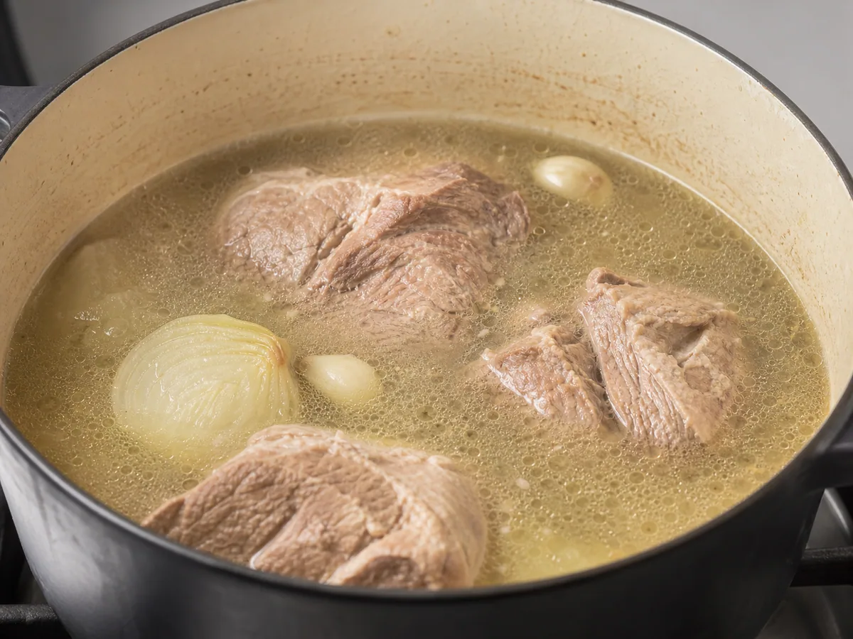 Fully cooked pork shoulder chunks separating easily in their broth before shredding for Mexican tamales