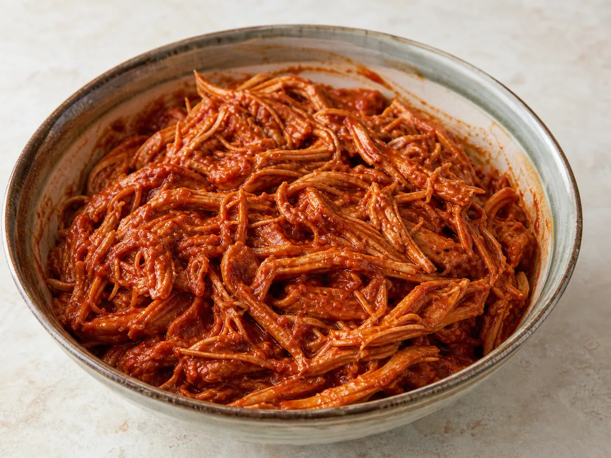 Fully cooked shredded pork coated in thick red chile sauce for Mexican tamales