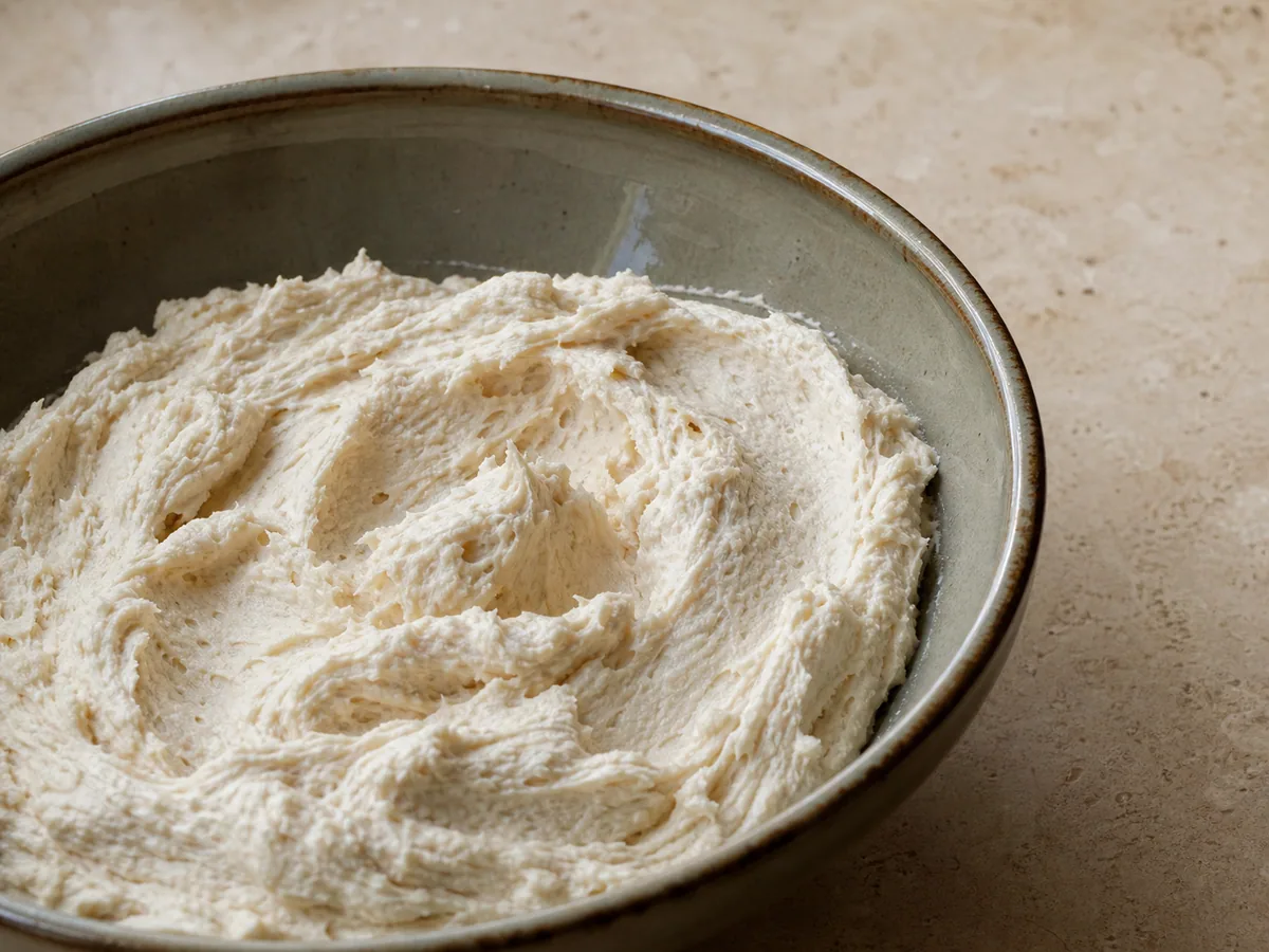 Soft spreadable masa dough holding shallow ridges in a mixing bowl