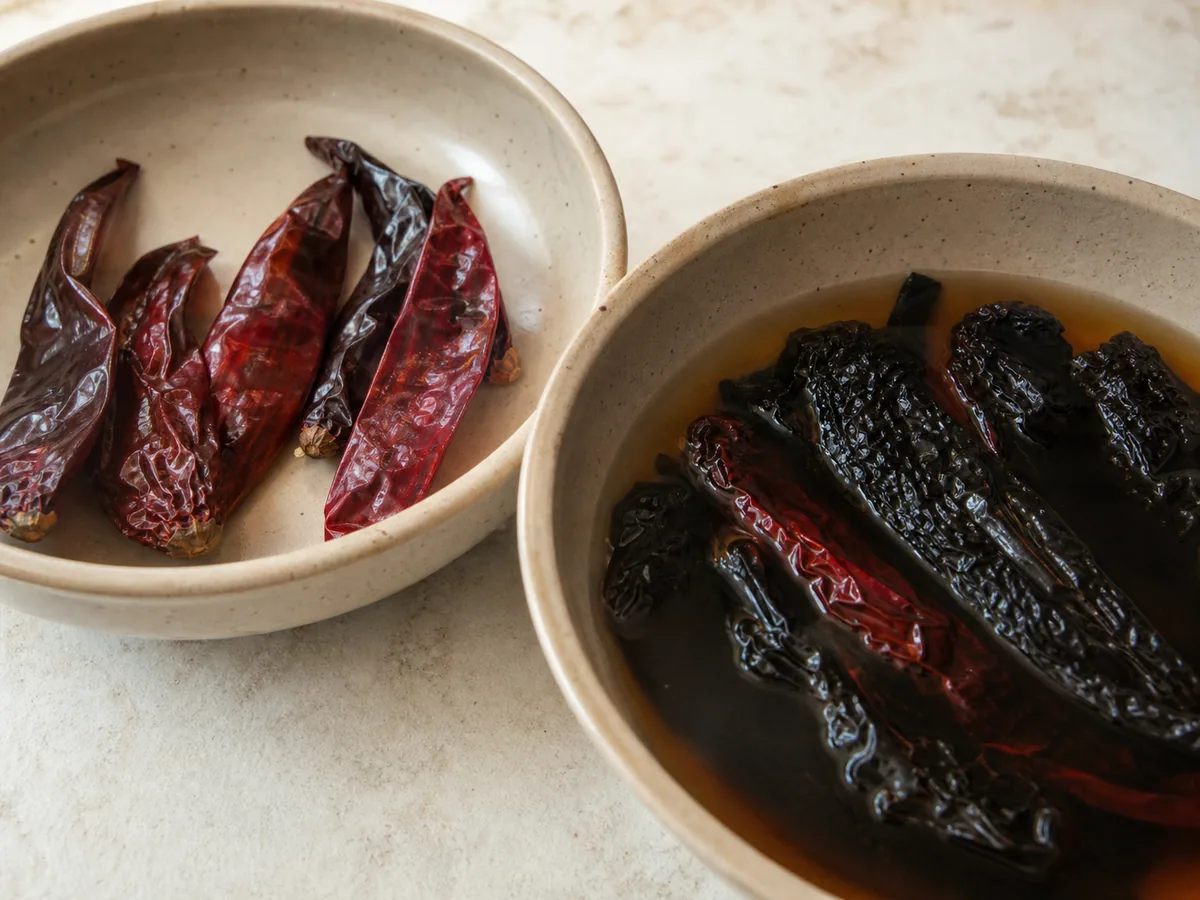 Softened guajillo and ancho chiles submerged in hot water for Mexican red chile pork tamales