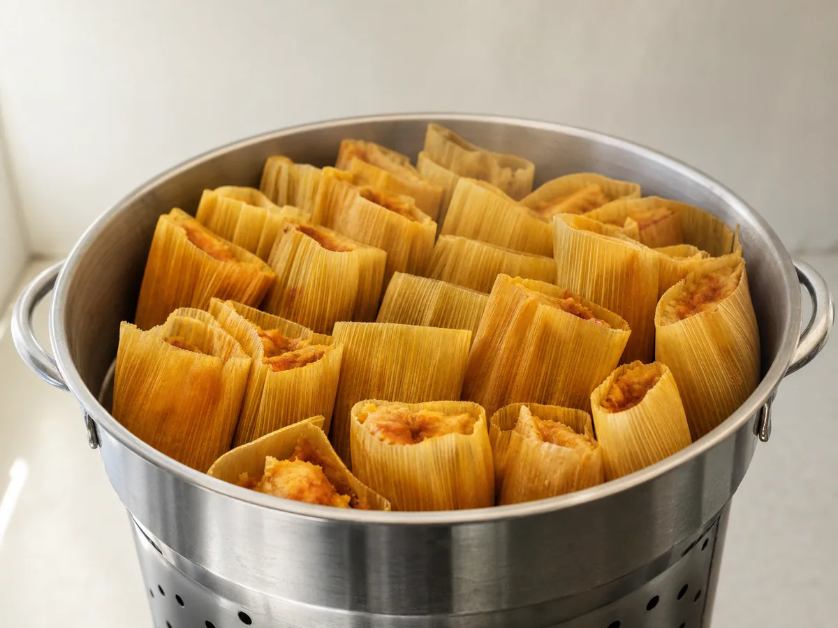 Fully steamed pork tamal with the corn husk peeling cleanly from firm masa