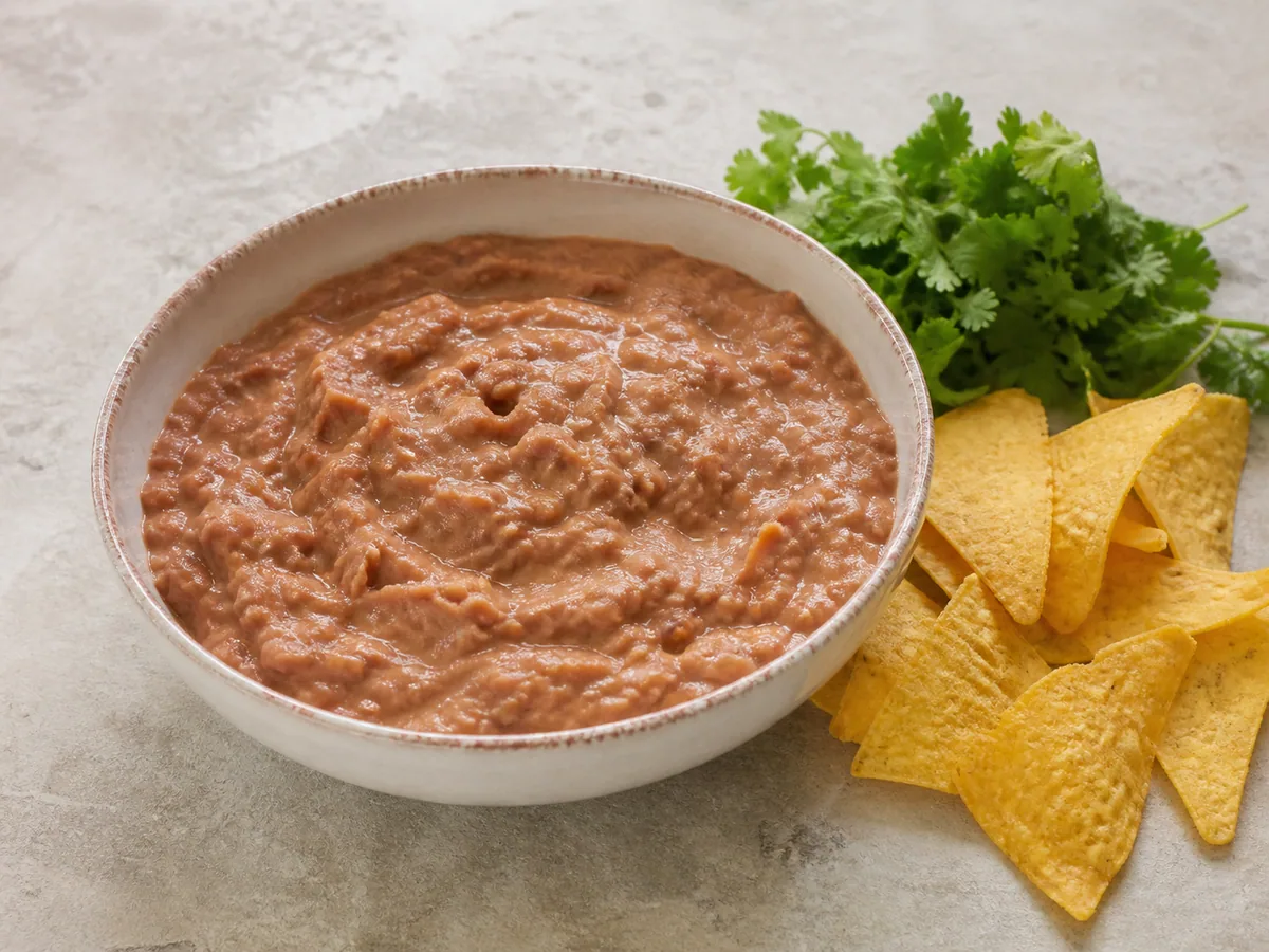 Frijoles refritos de pinto terminados en la sartén, con el surco de la cuchara cerrándose lentamente