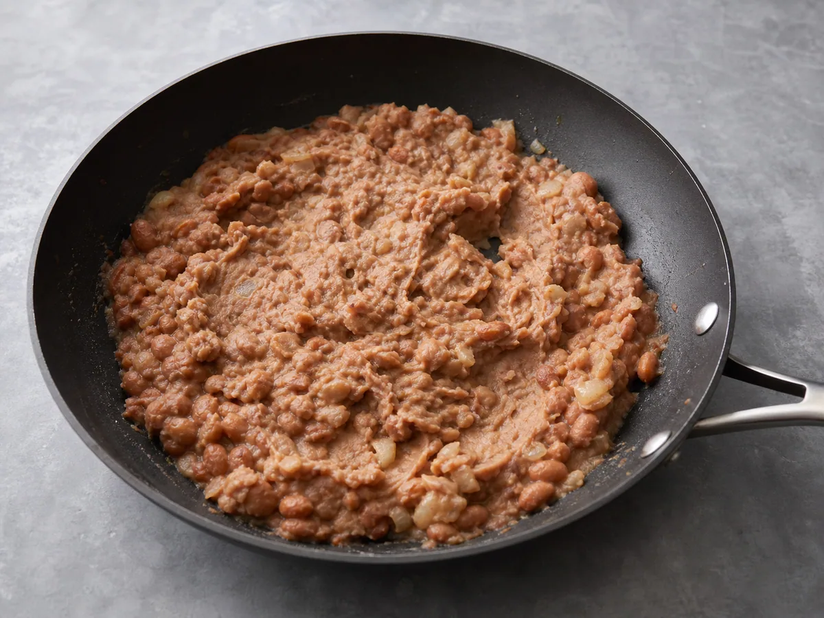 Frijoles pintos parcialmente machacados con cebolla ableada y manteca en una sartén amplia