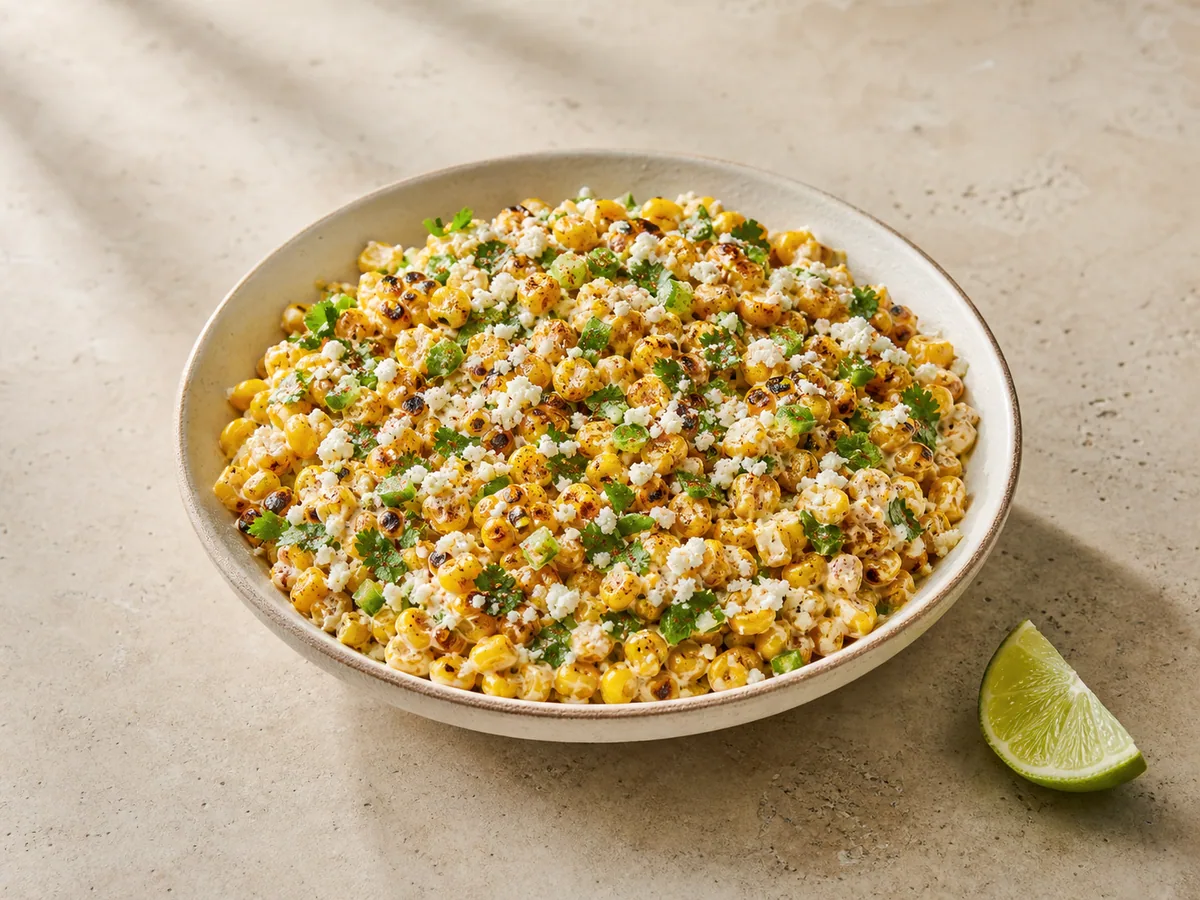 Tigela de salada mexicana de milho com Cotija, coentro, limão e milho tostado