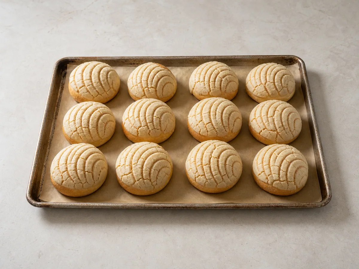 Fully baked Mexican vanilla conchas with set scored shells and lightly golden bread edges