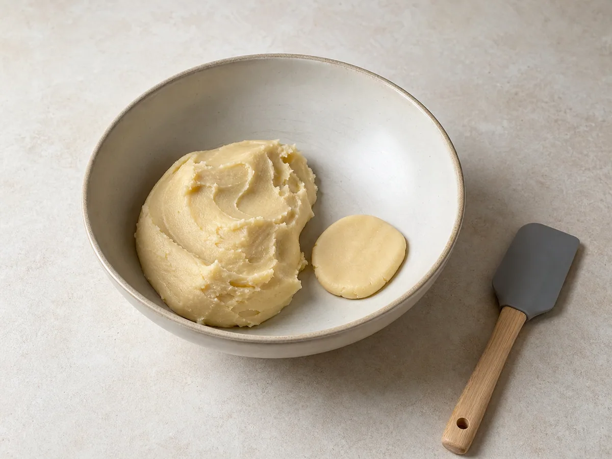 Smooth pliable vanilla shell topping for Mexican conchas in a mixing bowl
