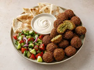 Falafel dorado con salsa cremosa de tahini y centro verde repleto de hierbas