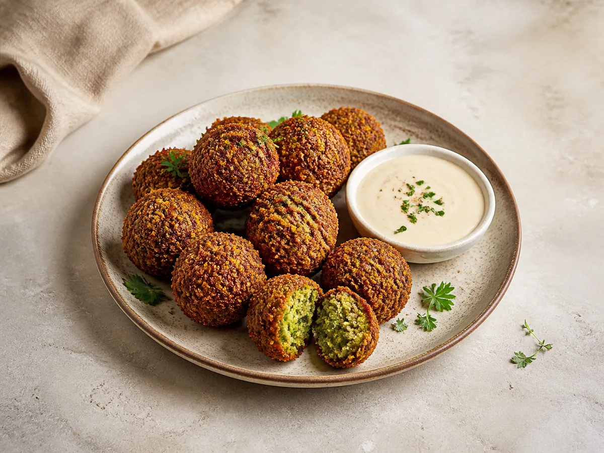 Golden falafel with creamy tahini sauce and a green herb-filled center