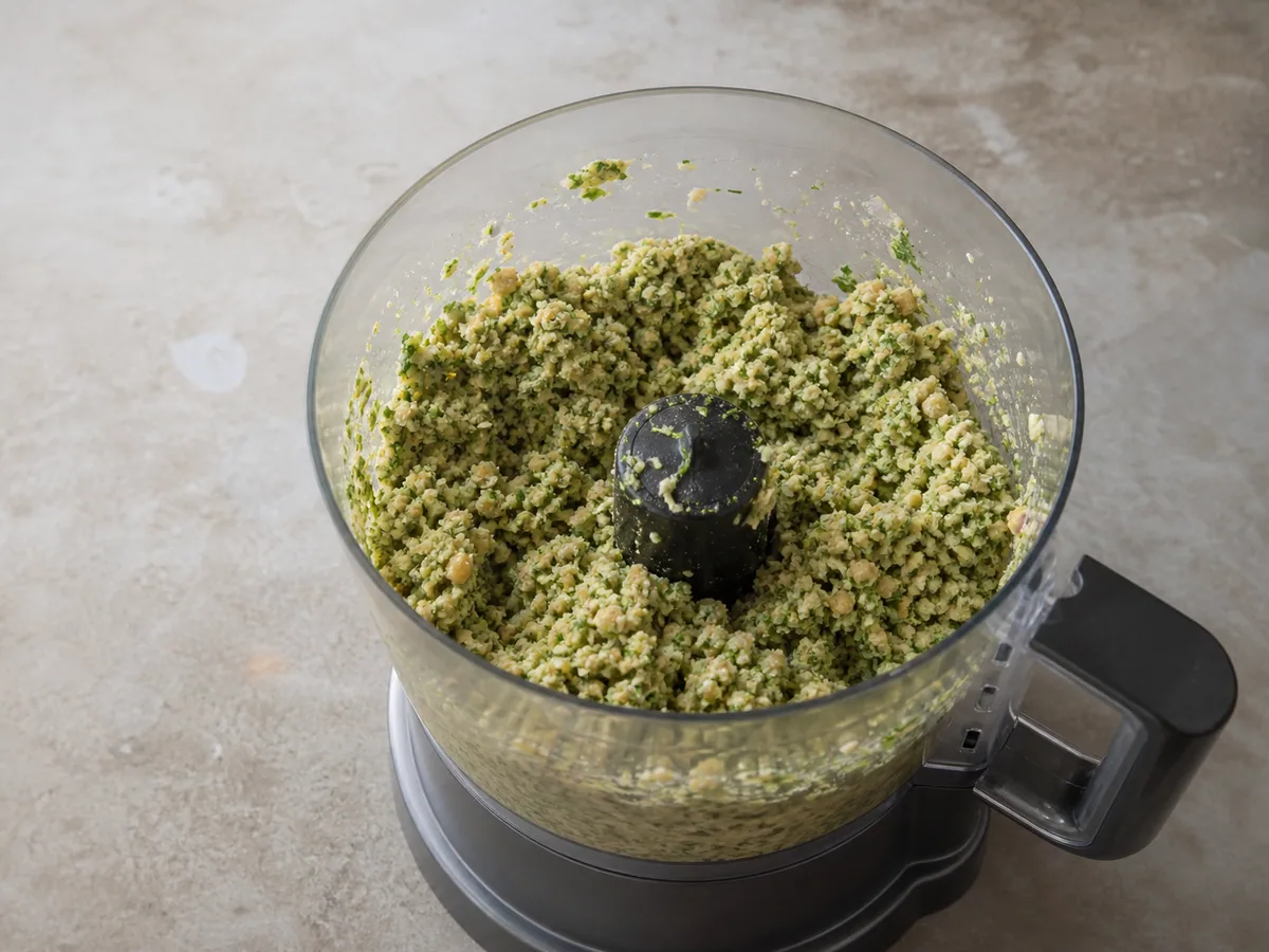 Massa verde e grossa de falafel no processador antes de virar pasta
