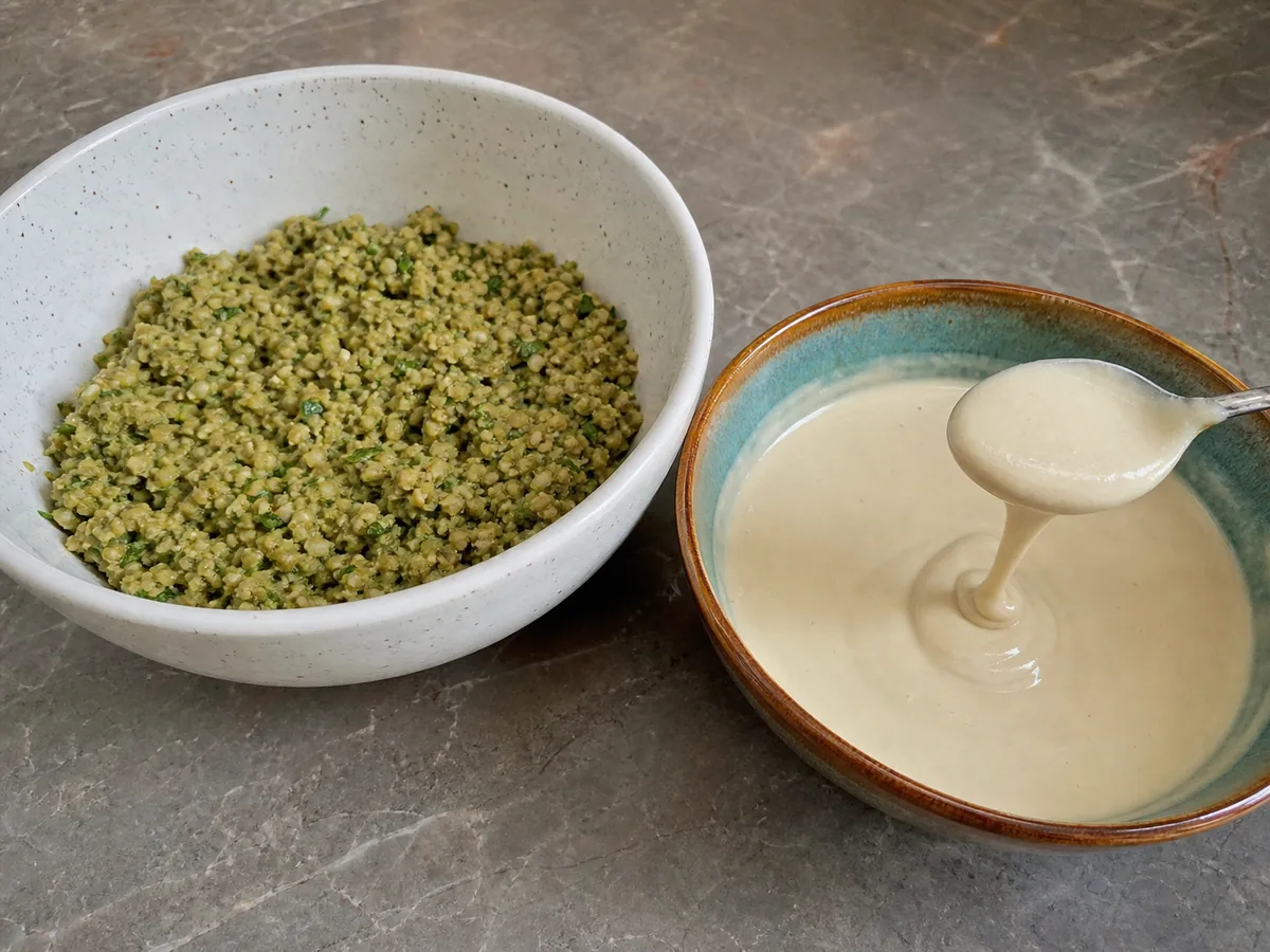 Rest the mixture and make the tahini sauce during preparation