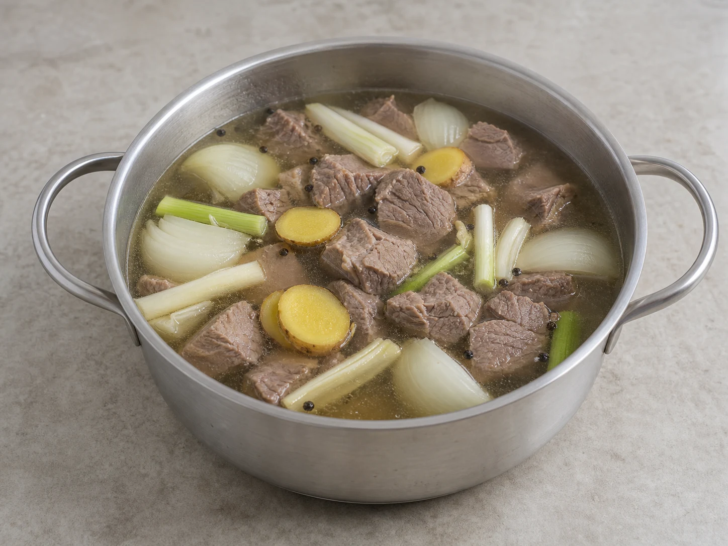 Cordeiro totalmente cozido e macio ao garfo fervendo com aromáticos em caldo claro antes da adição do daikon